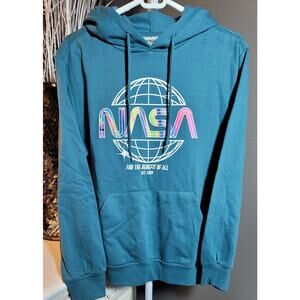 NASA For The Benefit Of All Men’s Small Teal Retro Graphic Logo Pullover Hoodie